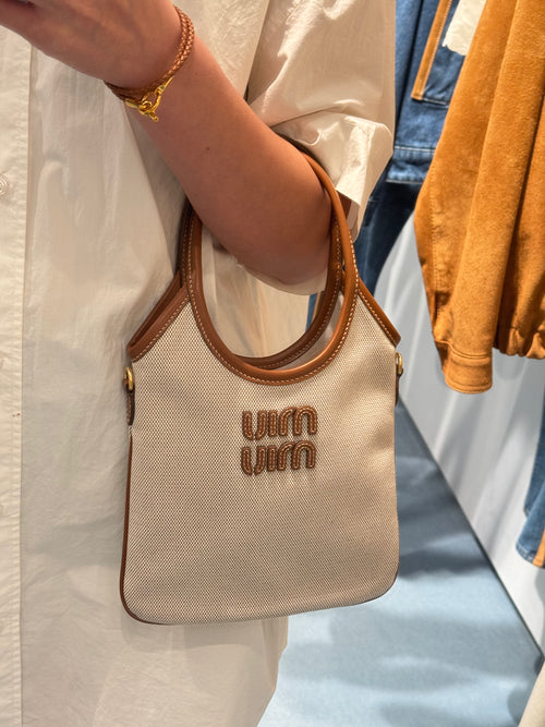 MIU MIU Ivy Canas and Leather Tote Bag Mini | 繆繆 迷你手袋 (米色)