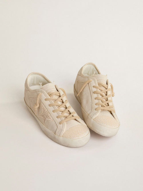 GOLDEN GOOSE Super - Star in canvas with embroidery and perforated mesh star | 黃金鵝 Super - Star 帆布款,搭配刺繡與鏤空網布星星(米色) - LondonKelly 英國名牌代購