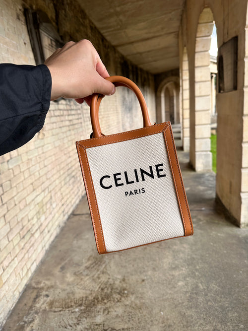 CELINE Textile Mini Vertical Cabas Textile Calfskin Natural Tan | 賽琳 琴譜袋 (迷你/白色)