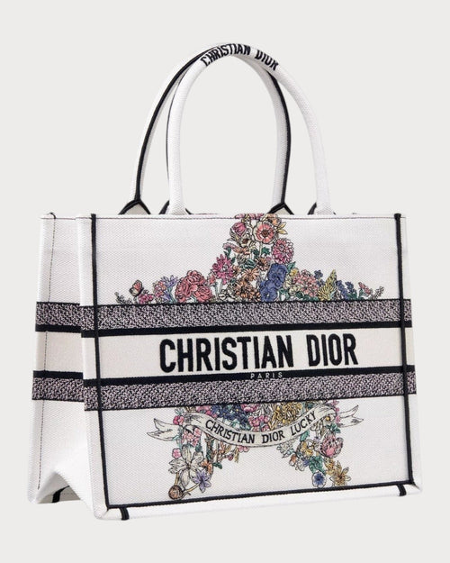 CHRISTIAN DIOR Dior Lucky Dior Book Tote Oblique Embroidery Canvas(Medium/White) - LONDONKELLY 英國名牌代購