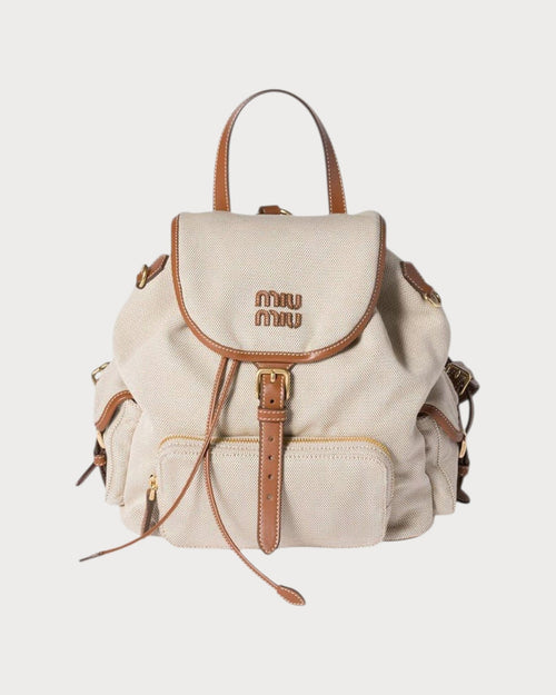 MIU MIU Canvas and Leather Backpack Beige | 繆繆 帆布皮革後背包 (米色) - LONDONKELLY 英國名牌代購